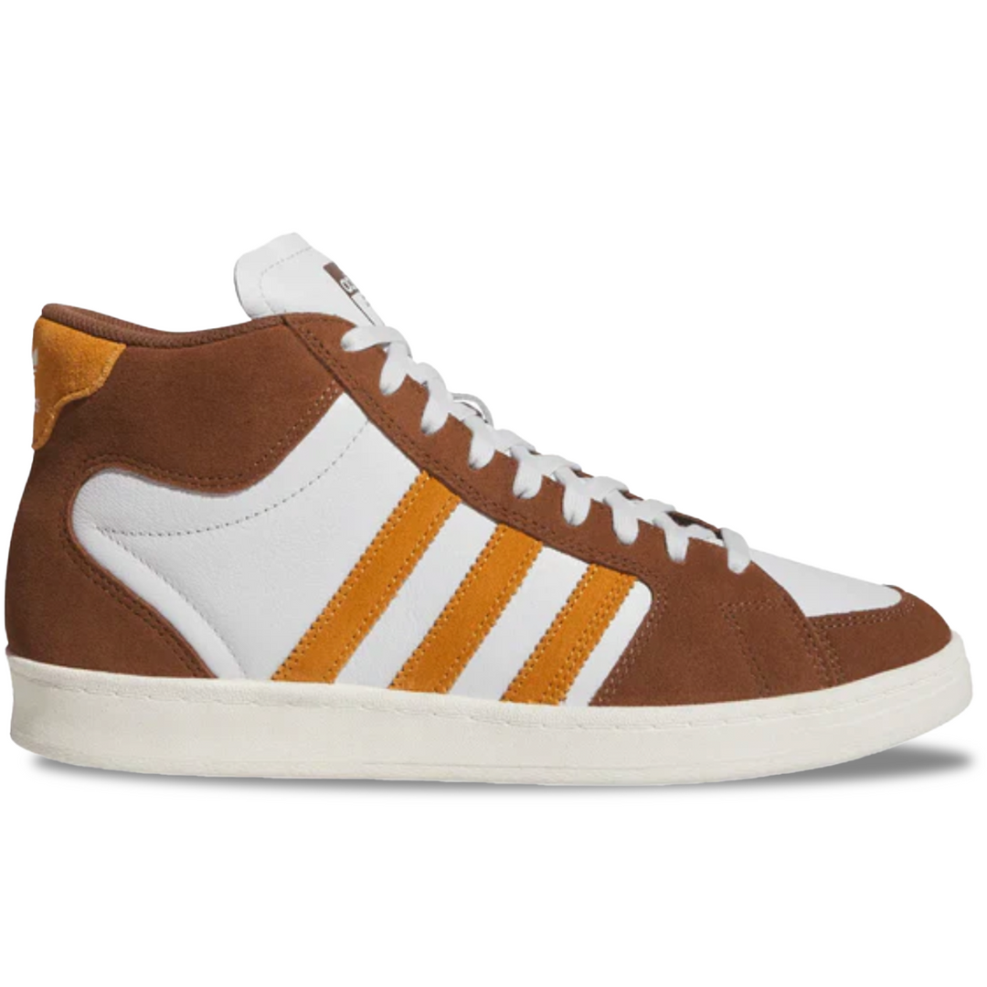 Brown and white Adidas sneaker with orange accents on a white background