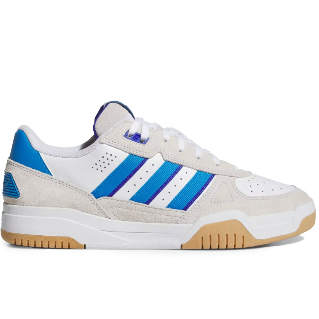 White sneaker with blue stripes and tan sole on a white background