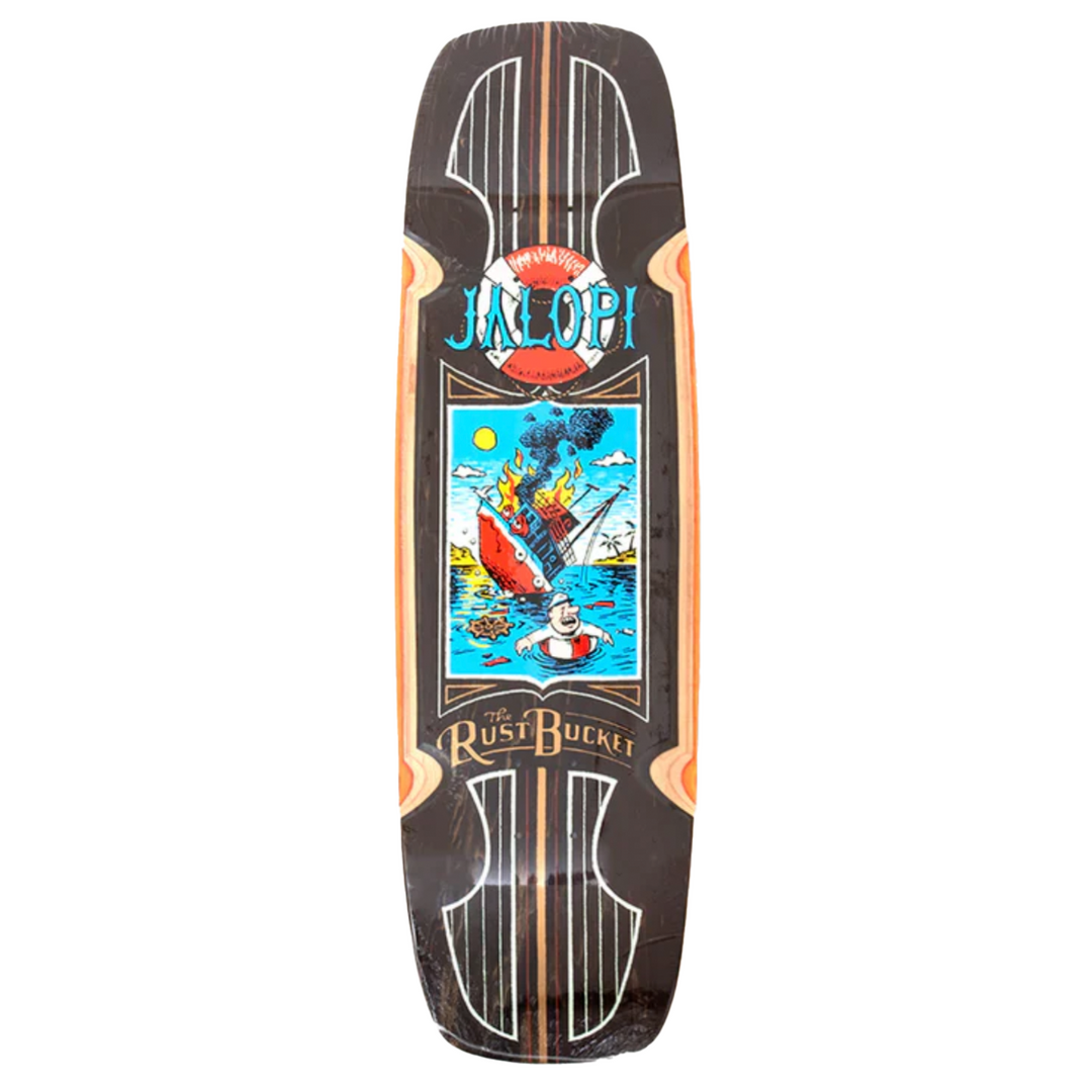Skateboard deck with colorful graphics and text on a white background