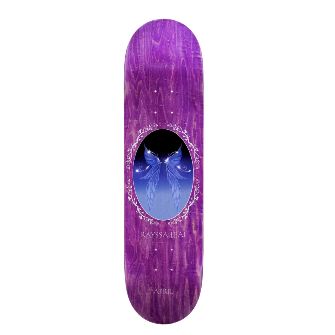 Purple skateboard deck with a butterfly design and 'April' branding on a white background