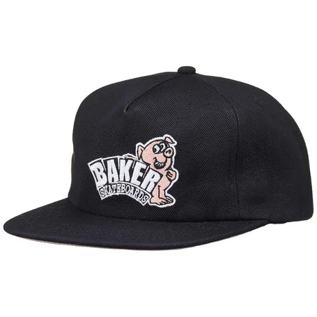 Black cap with a cartoon character logo on a white background