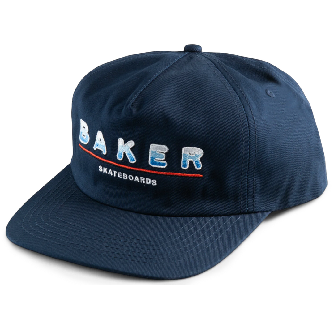 blue hat with a fading baker logo