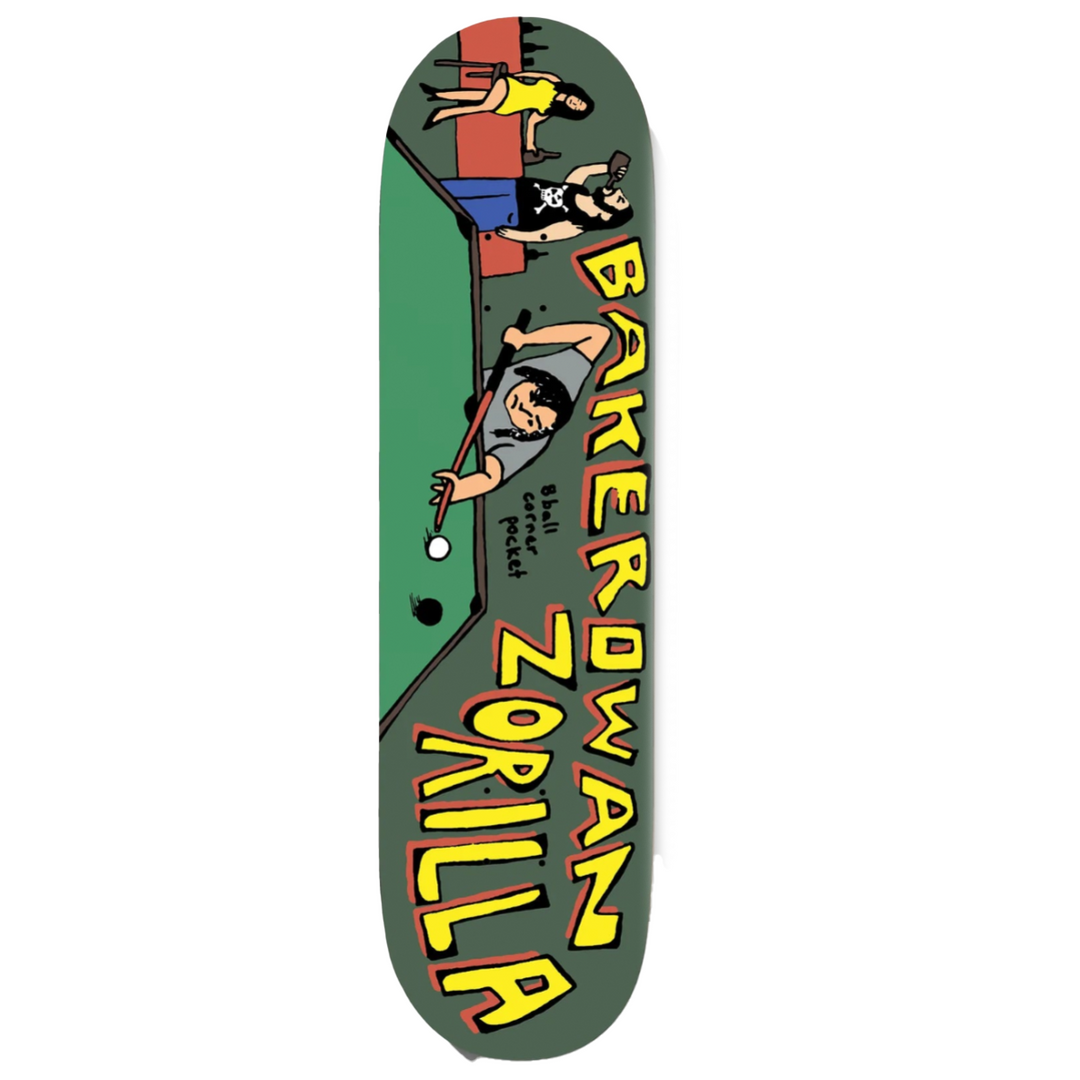 Skateboard deck with colorful graphics and text on a green background