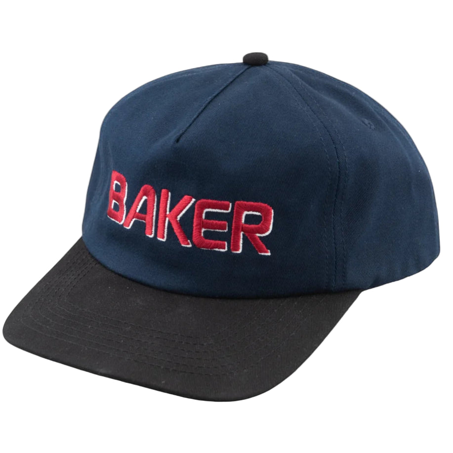 Navy blue cap with red 'BAKER' logo on a light gray background