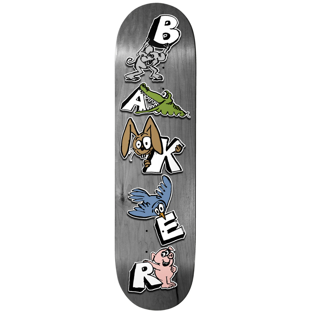 Skateboard deck with cartoon characters and 'Bake' branding on a gray background