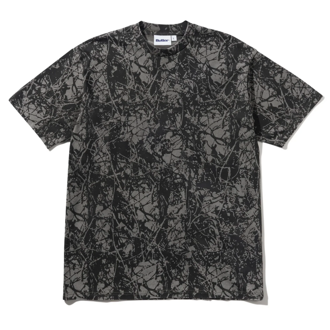Black and gray patterned t-shirt on a white background