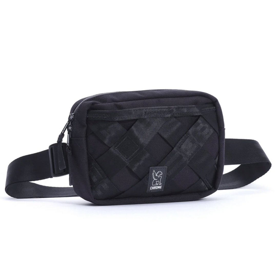 Black woven waist bag on a white background