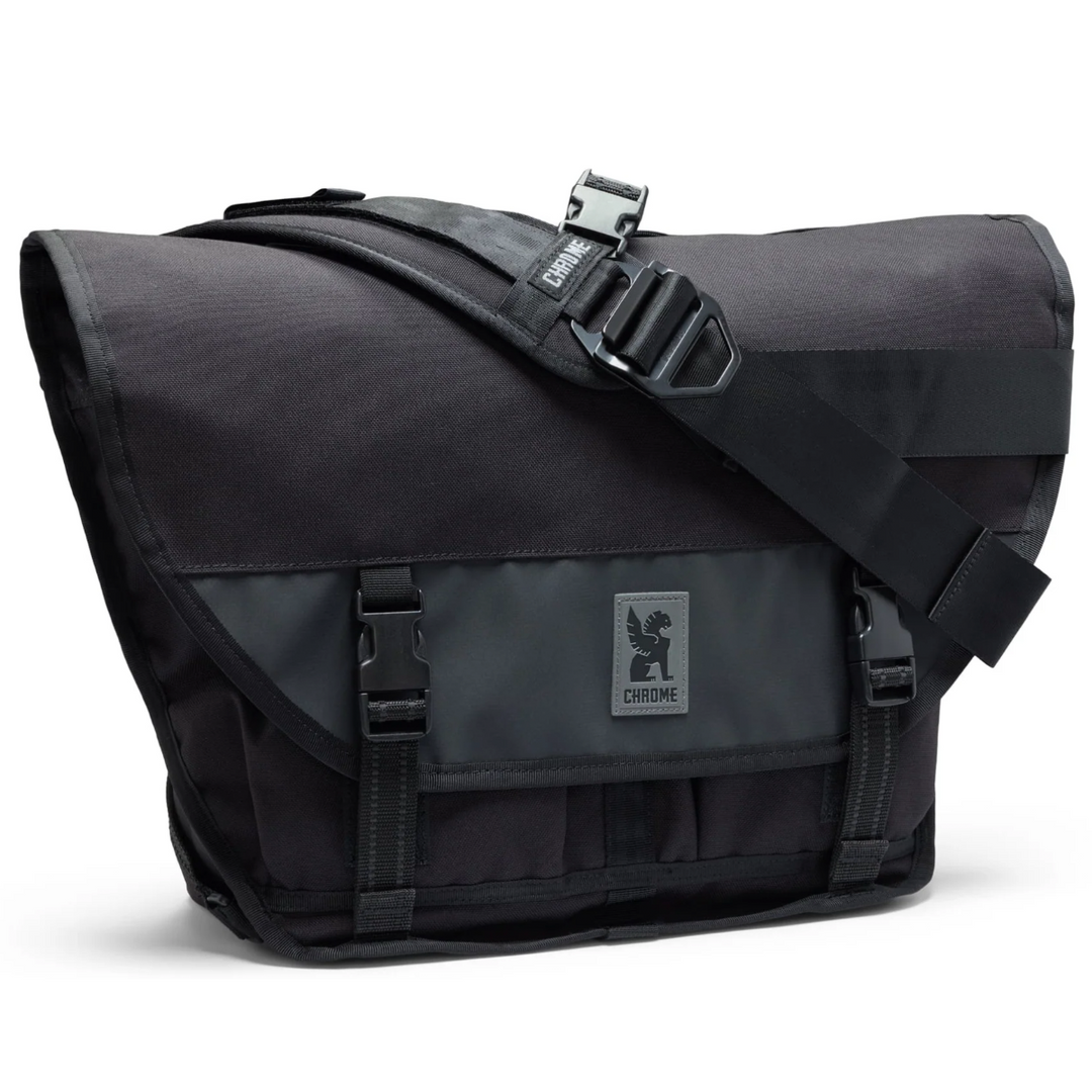 Black messenger bag with a visible brand logo on a white background