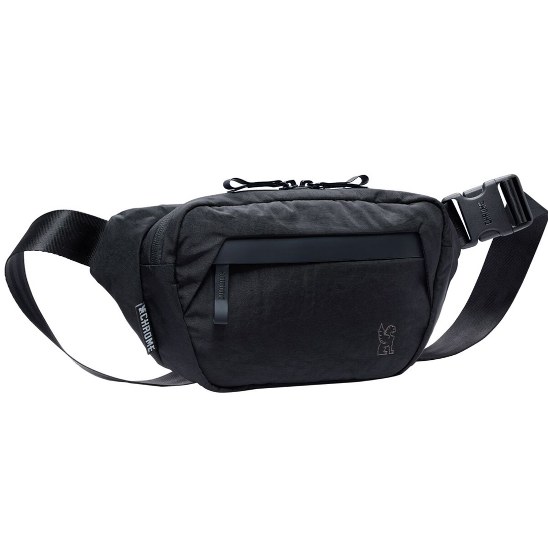 Black waist bag with a strap on a white background