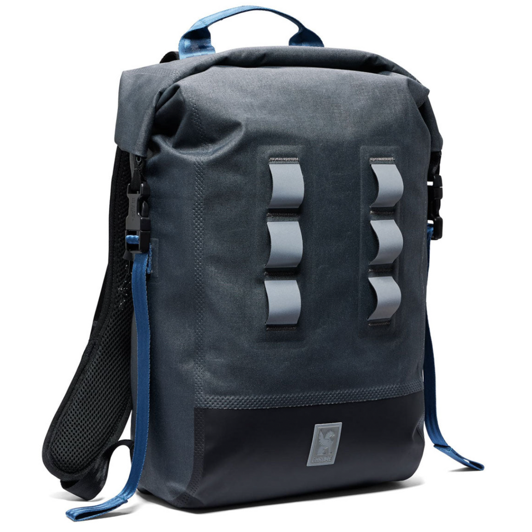 Gray backpack with blue straps on a white background