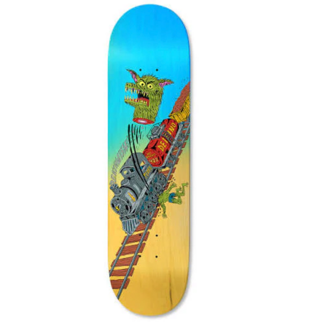 Skateboard deck with a colorful design of a creature on a train, set against a blue and yellow gradient background.