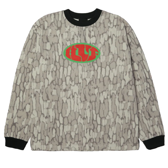 Camouflage-patterned long-sleeve shirt with a red and green logo on a white background