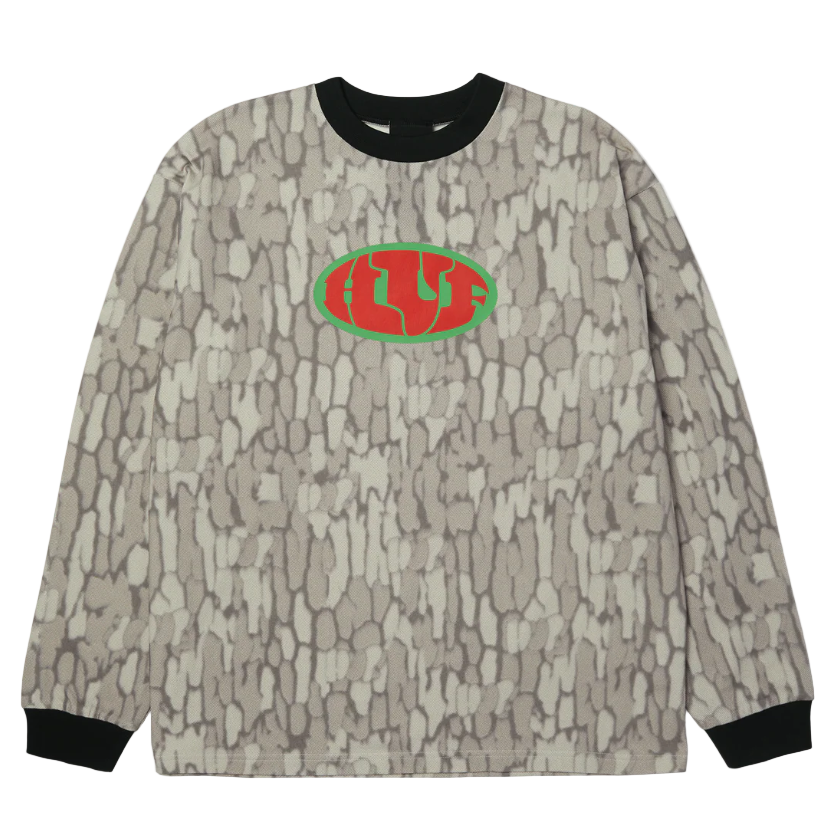 Camouflage-patterned long-sleeve shirt with a red and green logo on a white background