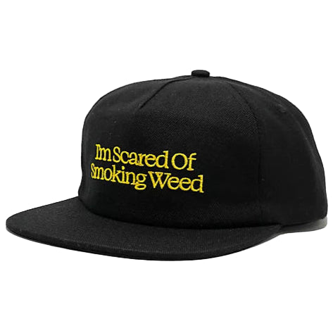 Black cap with yellow text 'I'm Scared Of Smoking Weed' on a white background