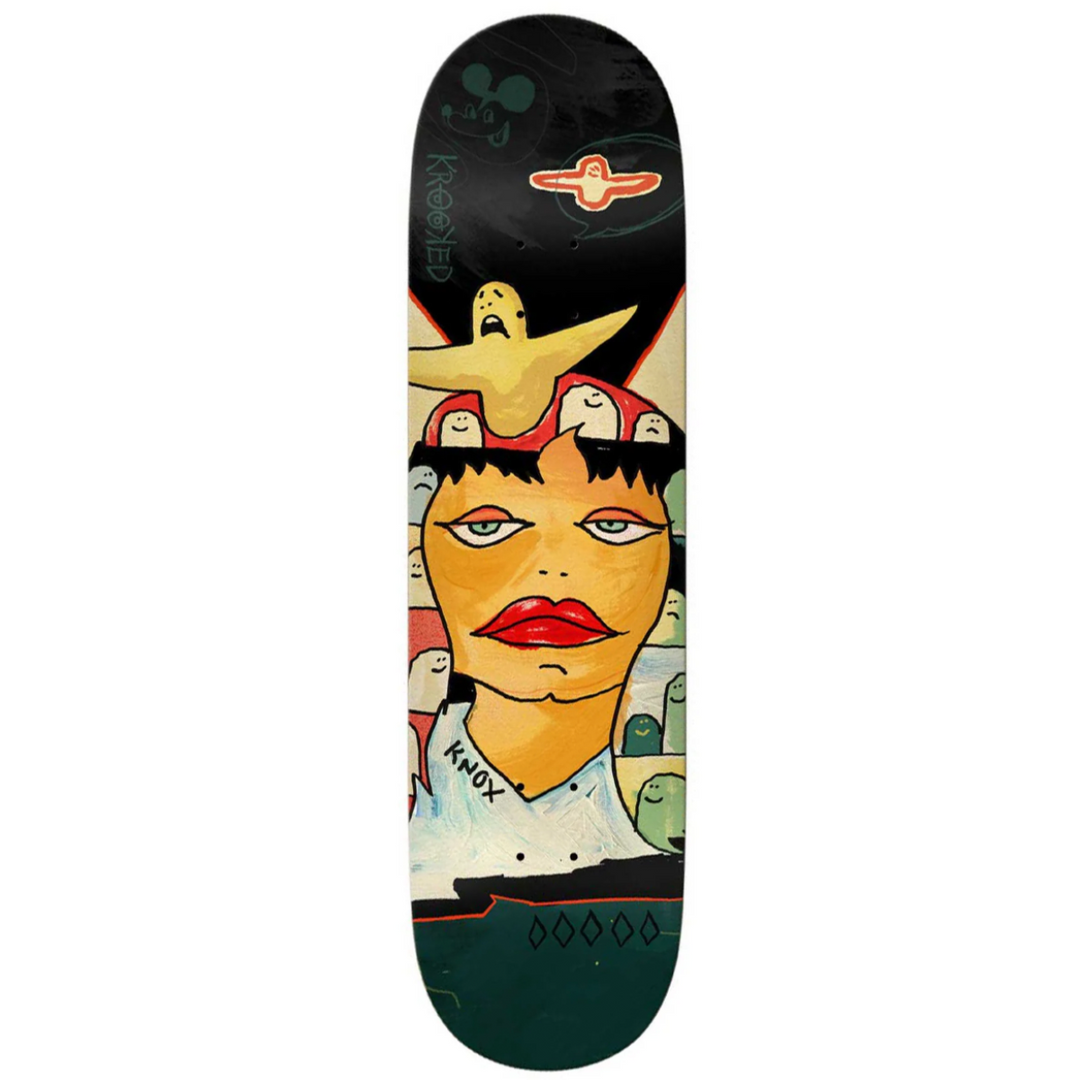 Skateboard deck with artistic design of a face and birds on a white background
