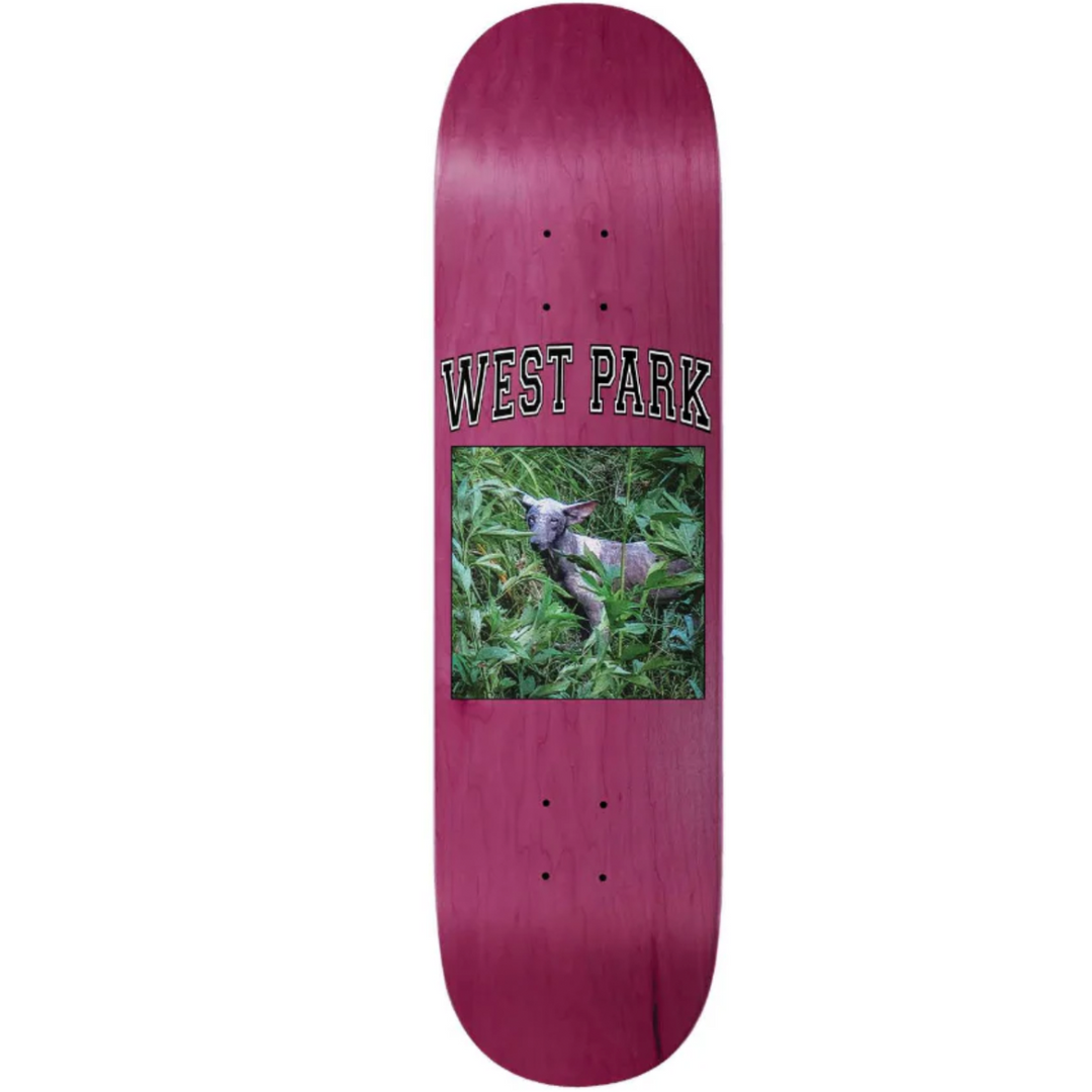 Skateboard deck with 'West Park' text and a kangaroo graphic on a white background