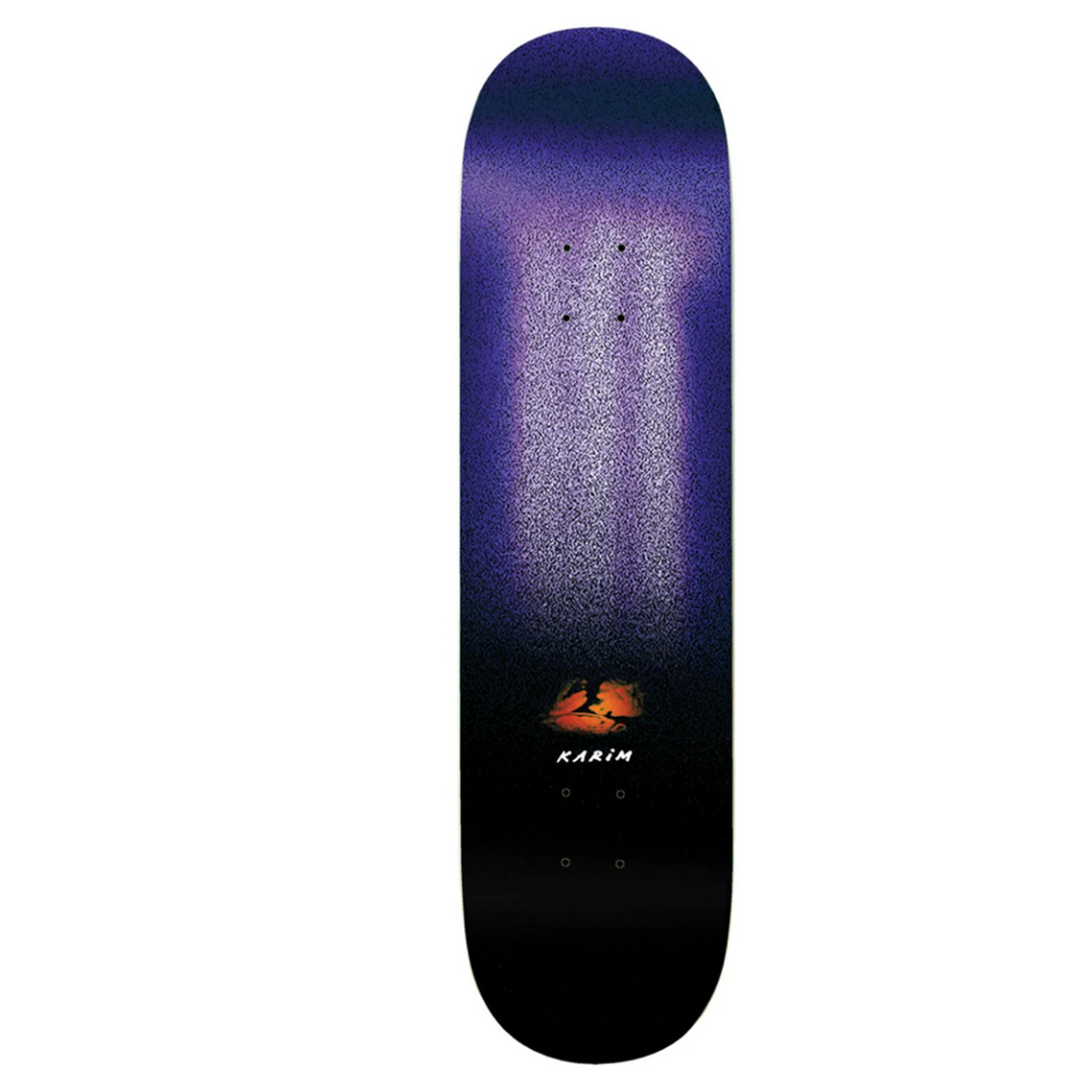 Skateboard deck with a gradient purple to black design and a logo on a white background