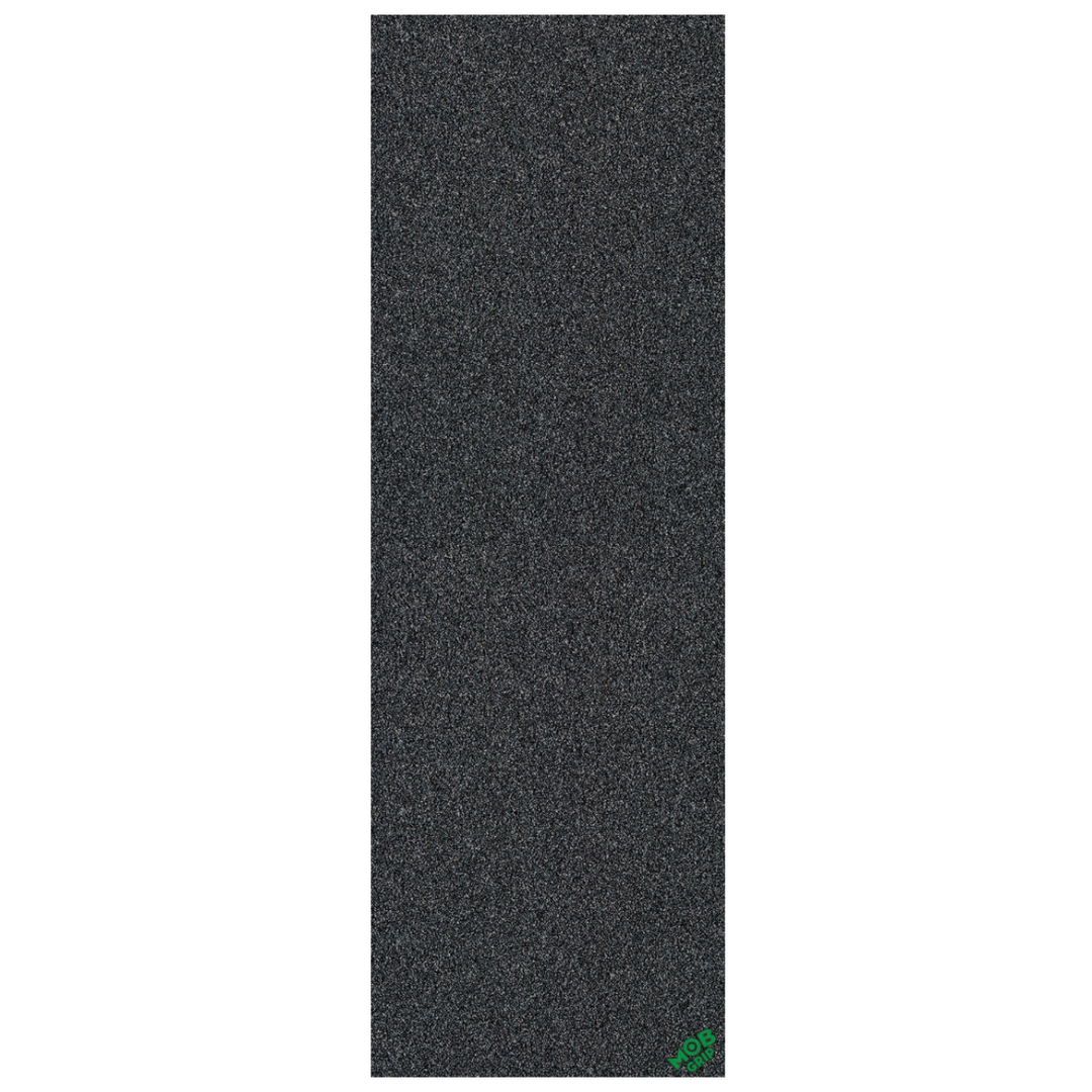 Textured black grip tape with a green logo on a white background
