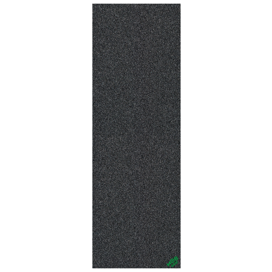 Textured black grip tape with a green logo on a white background