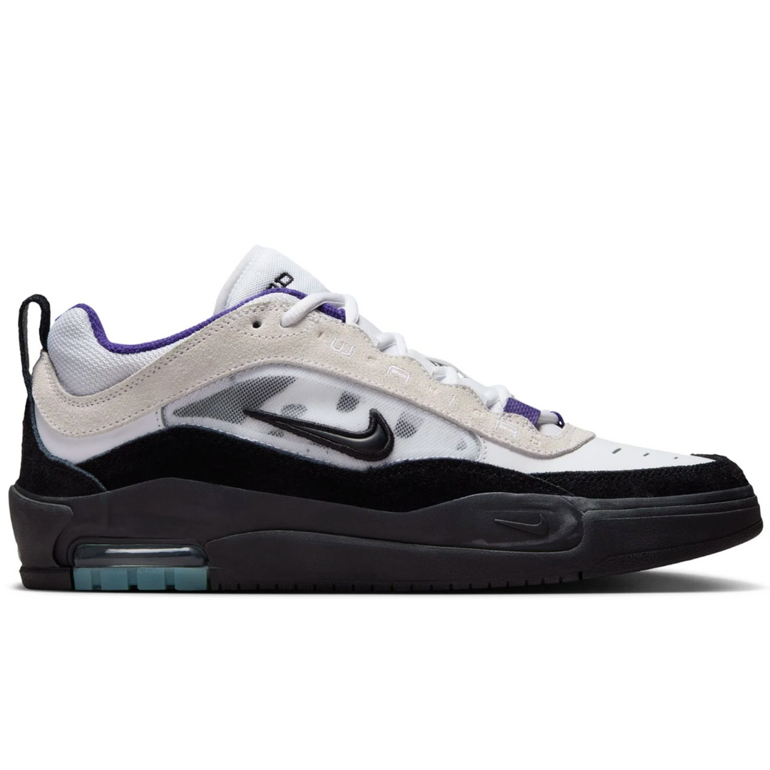 Black, white, and purple sneaker with Nike logo on a white background