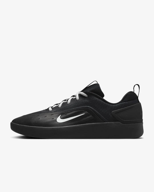 Black sneaker with a white Nike logo on a white background