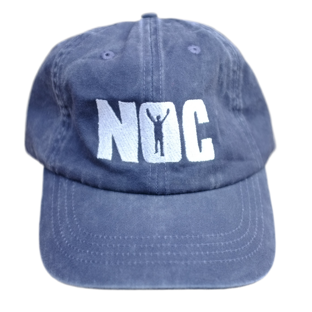 Blue cap with white text on a white background