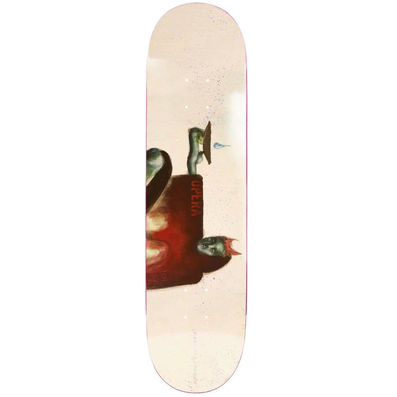 Skateboard deck with a graphic design of a turtle and fish on a white background