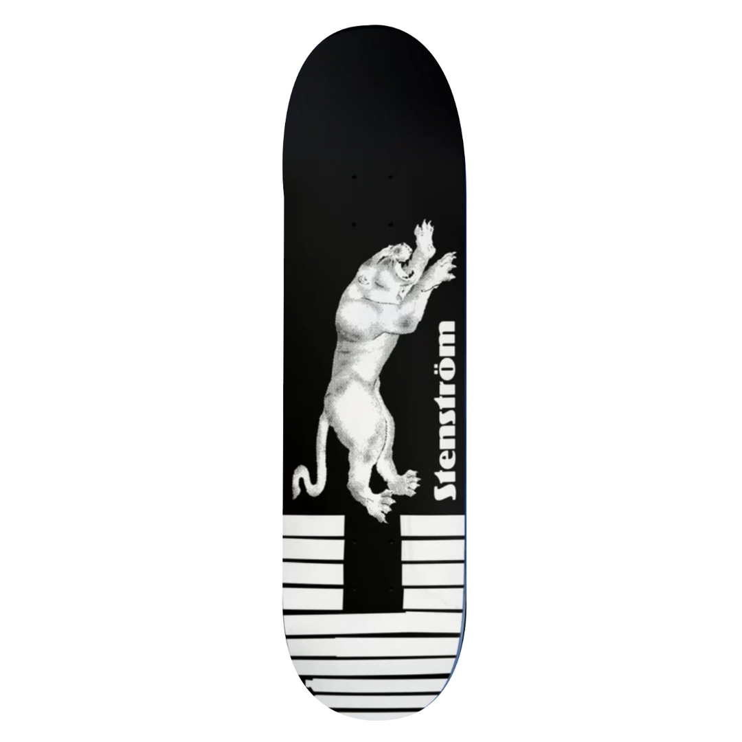 Skateboard deck with a black and white design of a panther and the brand name 'Astenstrom' on a white background.