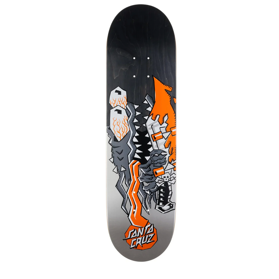 Skateboard deck with a shark design and 'Santa Cruz' branding on a white background