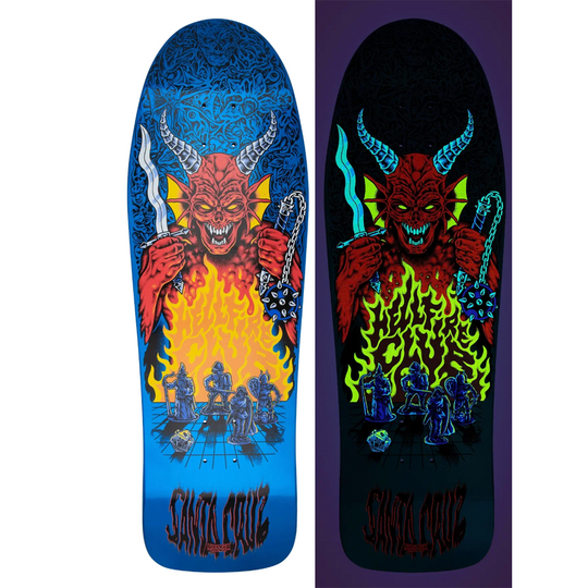 Skateboard deck with a devil graphic on a blue and black background