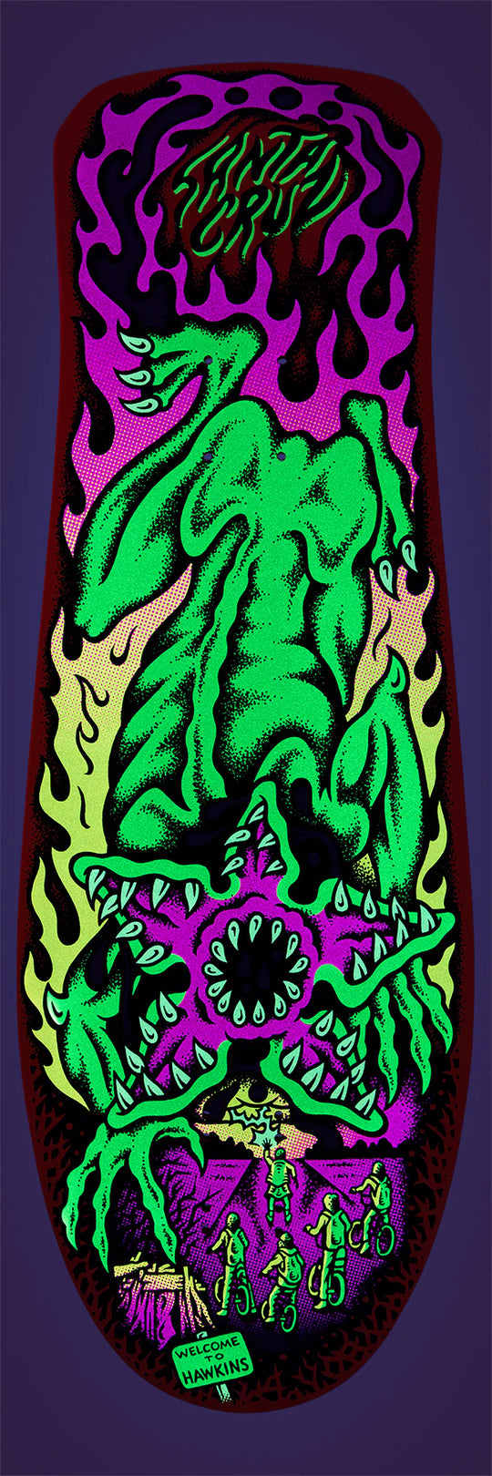 Colorful skateboard deck with a green creature design on a purple background