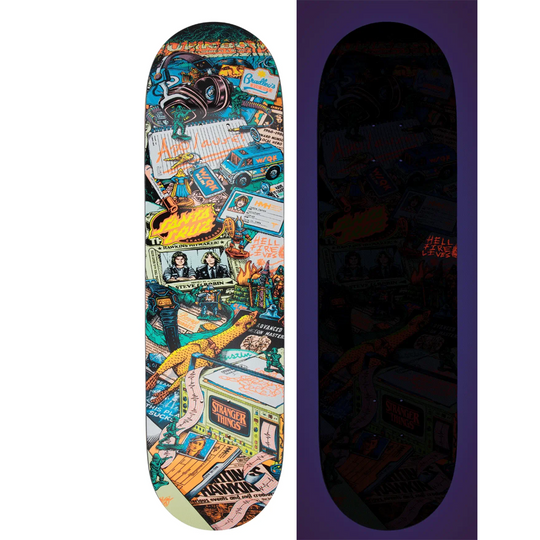 Skateboard deck with colorful graphic design on a white background