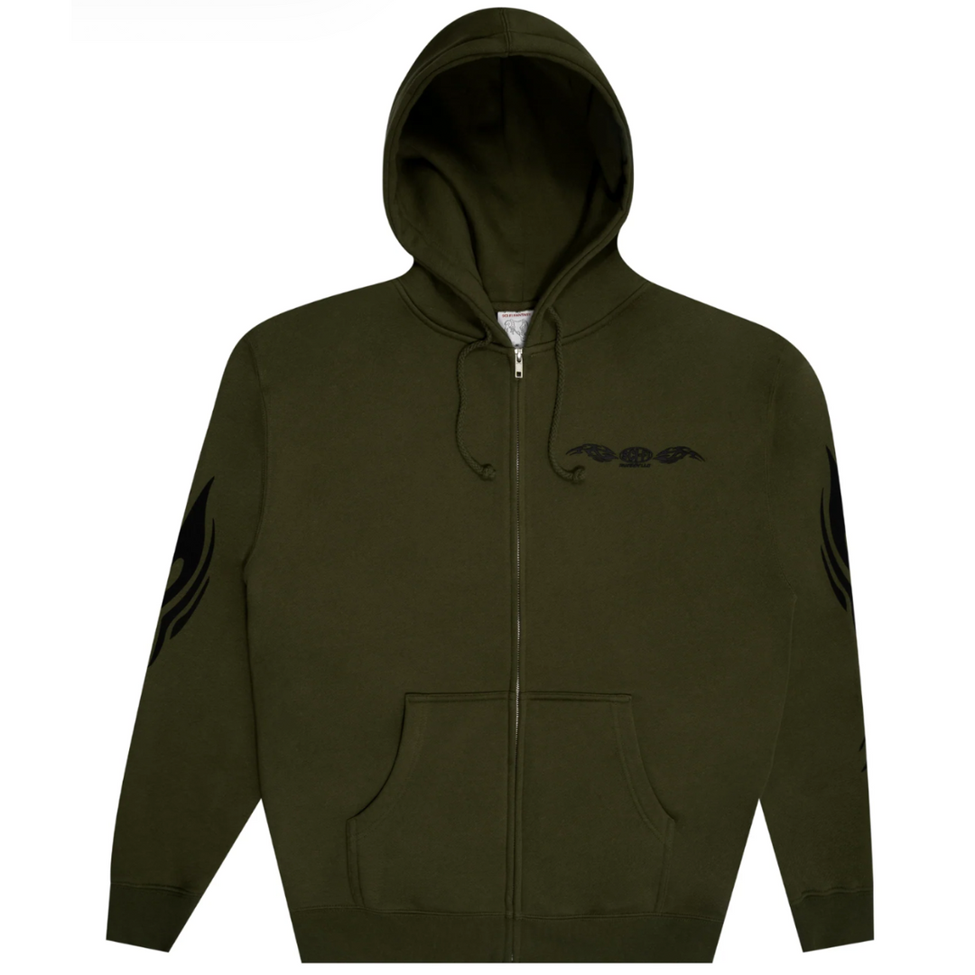 Green hoodie with a logo on the chest against a white background