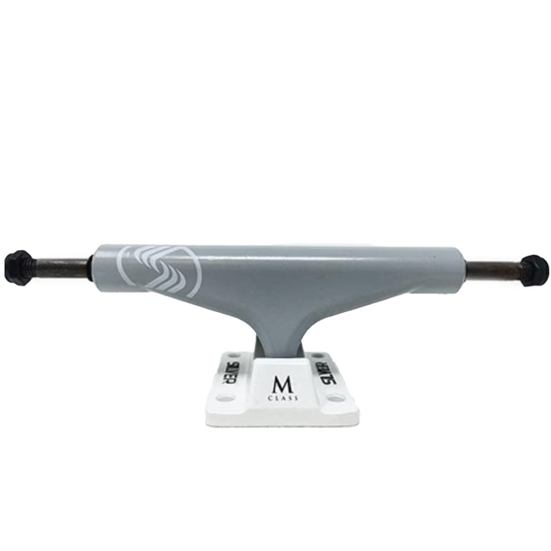Gray skateboard truck with black bearings on a white background