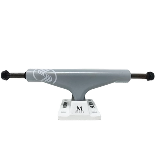Gray skateboard truck with black bearings on a white background