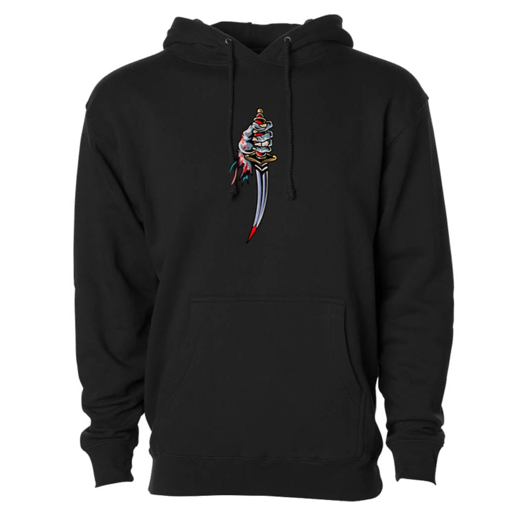 Black hoodie with a colorful graphic on the chest against a white background