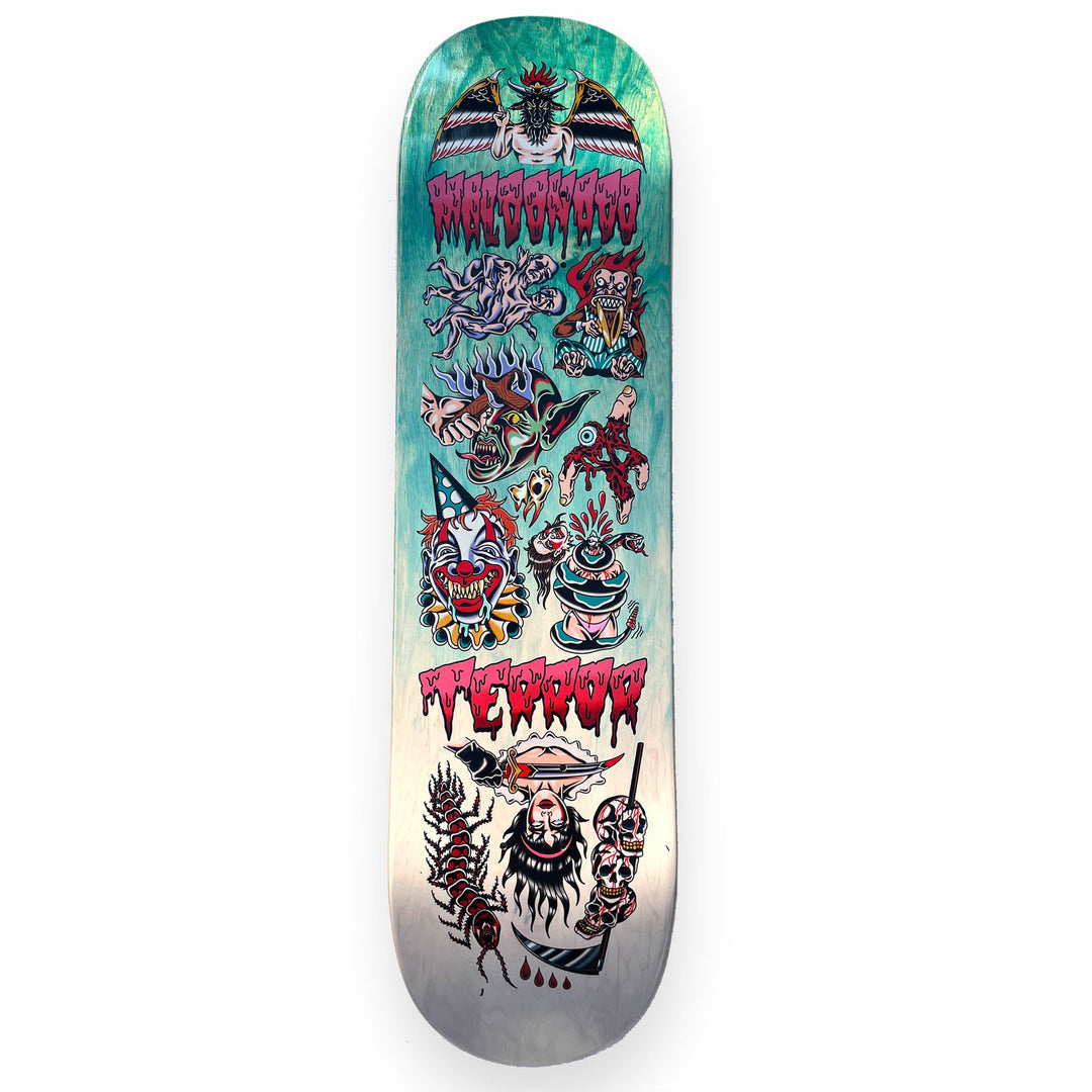 Skateboard deck with colorful graphics and text on a white background
