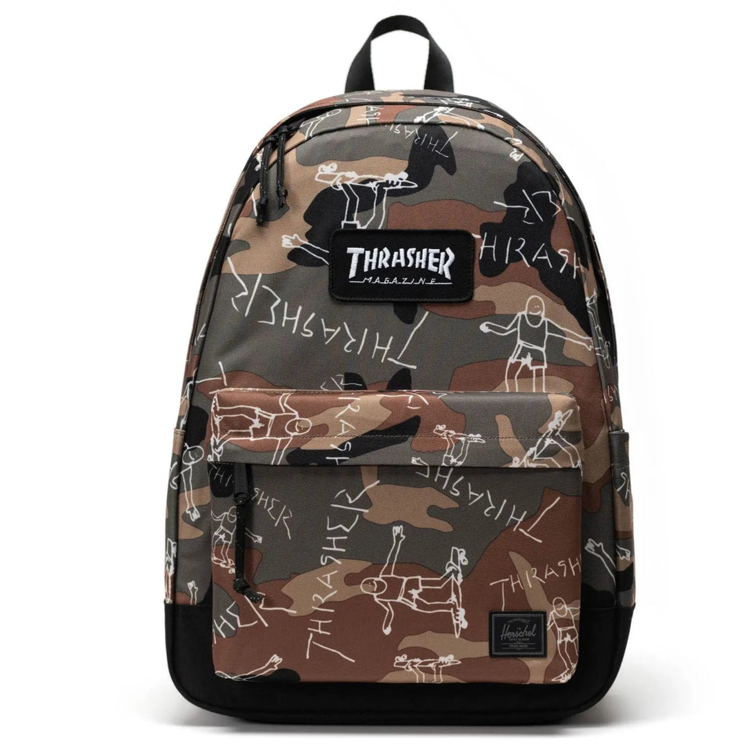 Camouflage backpack with brand logo on a white background