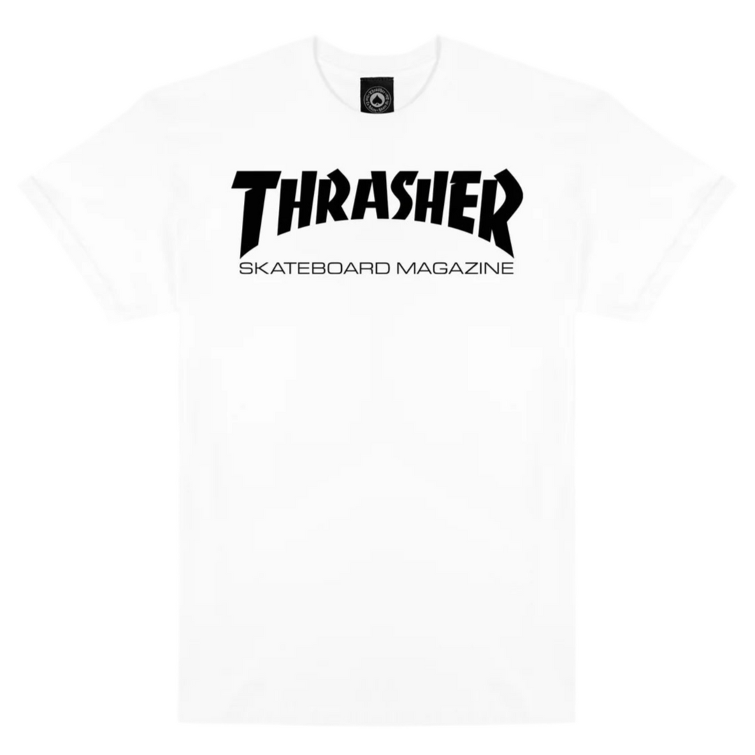 White t-shirt with black 'Thrasher Skateboard Magazine' logo on a white background