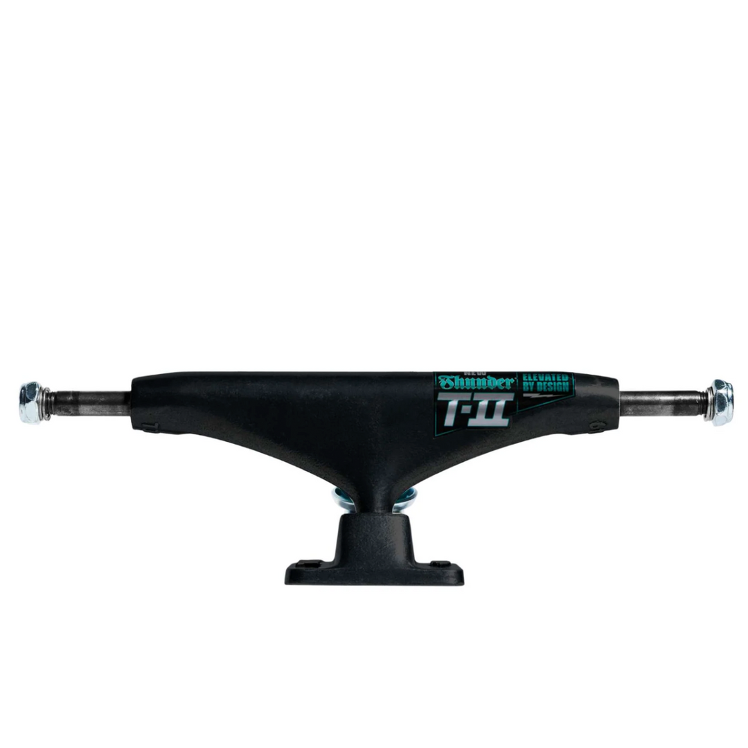 Black skateboard truck with visible branding on a white background