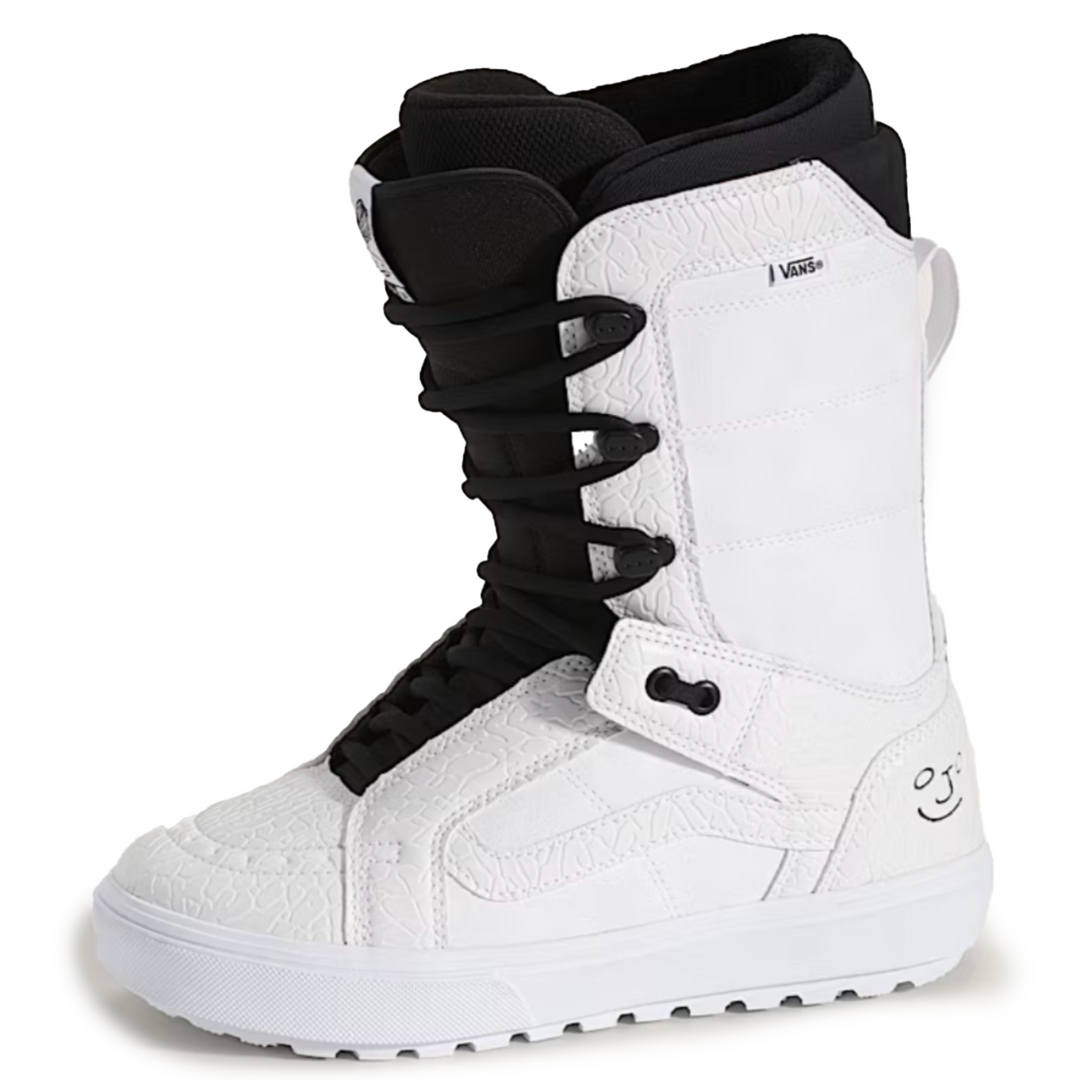 White snowboard boot with black laces on a white background
