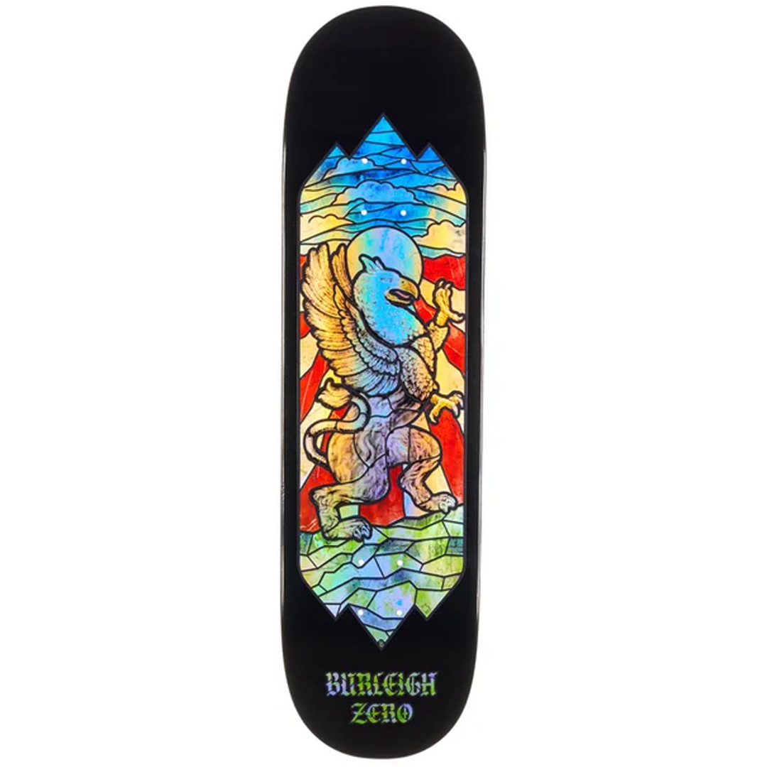 Skateboard deck with colorful eagle design and Burleigh Zero branding on a white background