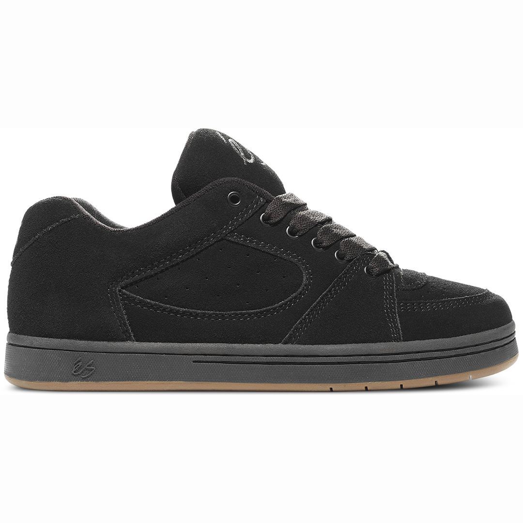 A black Es Accel OG skate shoe with a premium suede upper and a grippy gum rubber cup sole.