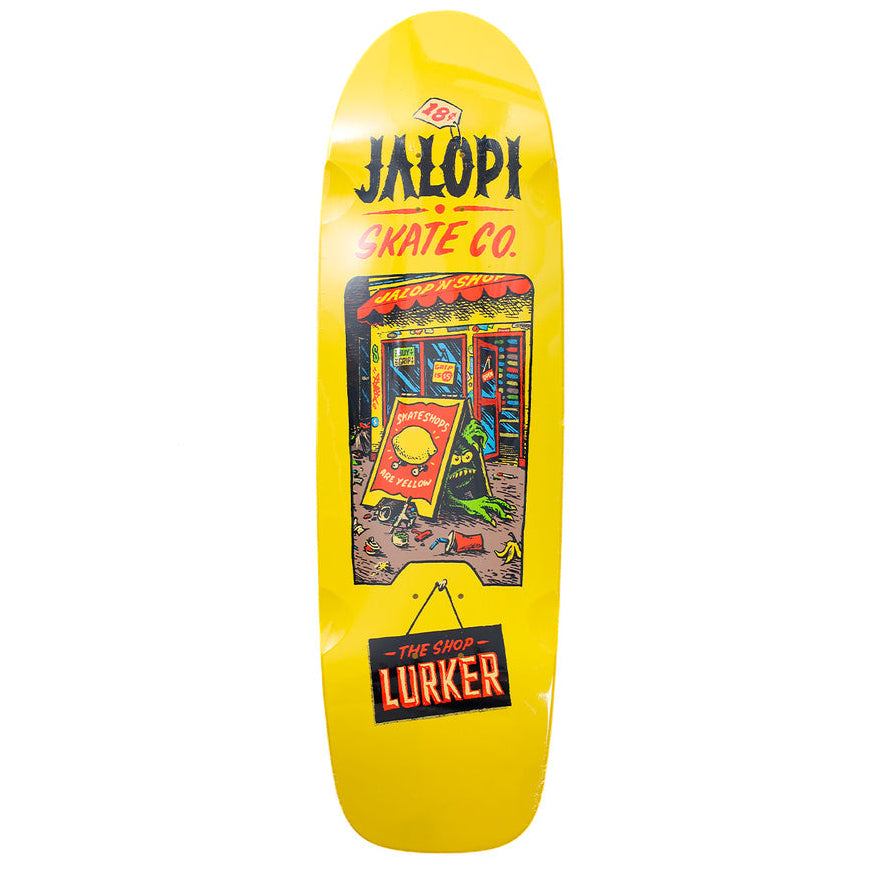 Yellow skateboard deck with Jalopi Skate Co. branding and a graphic design
