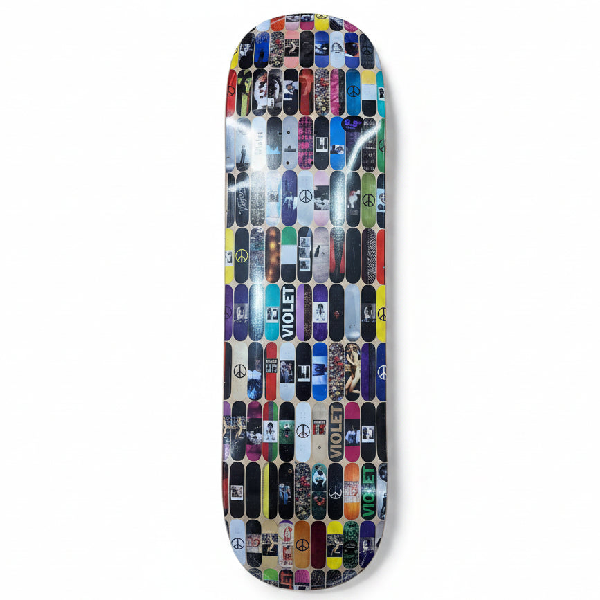 A skateboard deck with a dense collage pattern of colorful skates and the brand name &