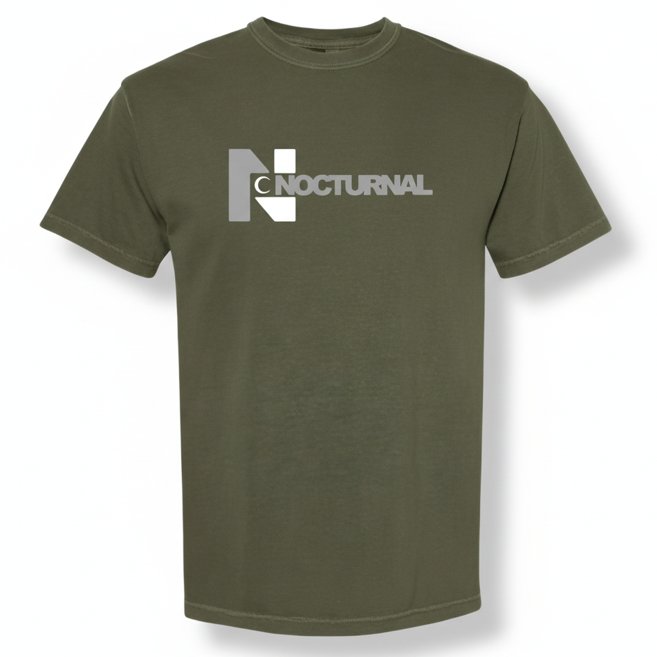 Green t-shirt with 'Nocturnal' logo on a white background