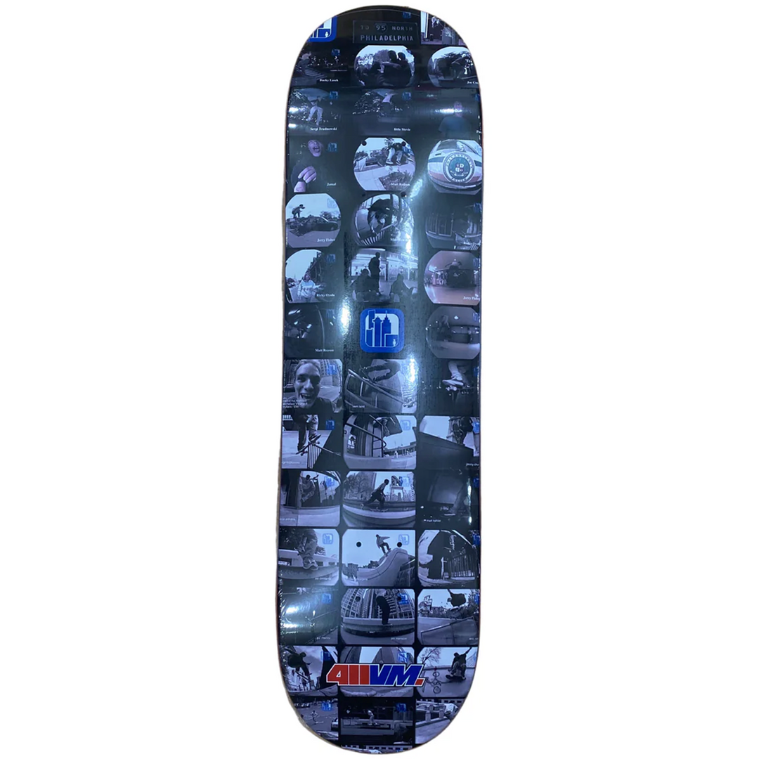 Skateboard deck with collage of images and visible brand logo on a white background