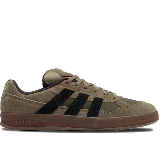 A single Adidas skate shoe in a muted brown and olive green colorway, featuring suede and mesh panels, black three-stripes, and a brown gum sole.