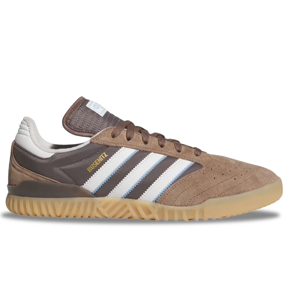 Brown Adidas sneaker with white stripes on a white background