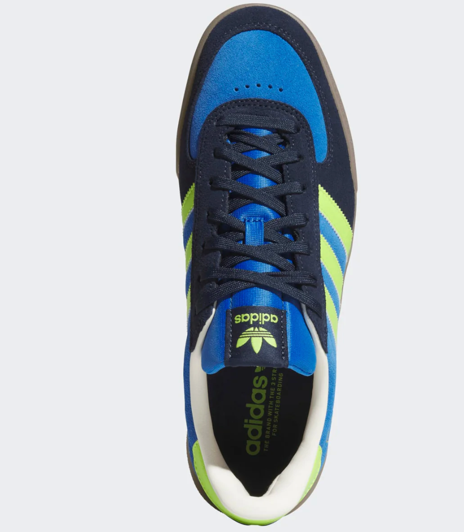 top view Navy and blue Adidas sneaker with green accents 